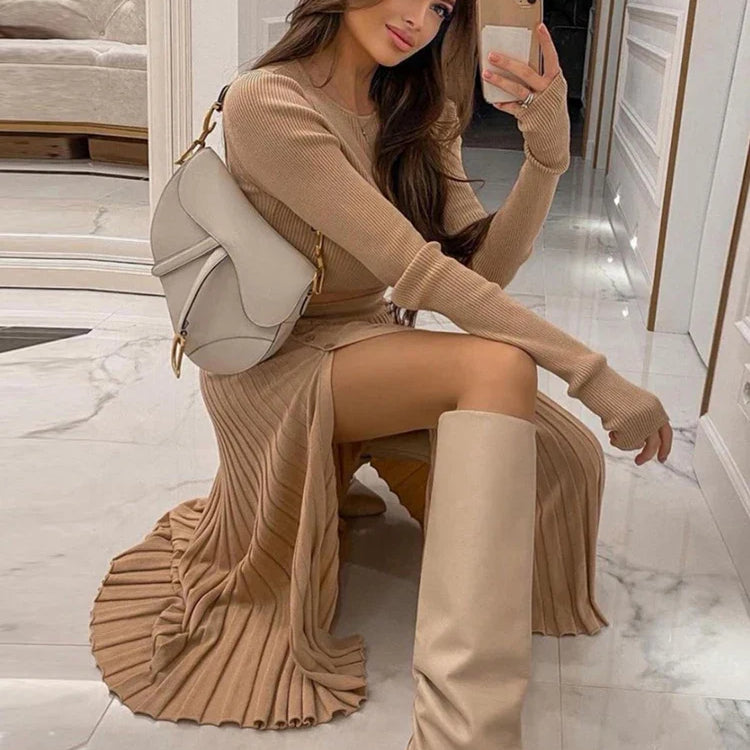 Cryptographic Solid Sexy Sweater Cropped Top Midi Skirt Two Piece Set Women Matching Set Outfits Button Up Split Skirts Winter khaki
