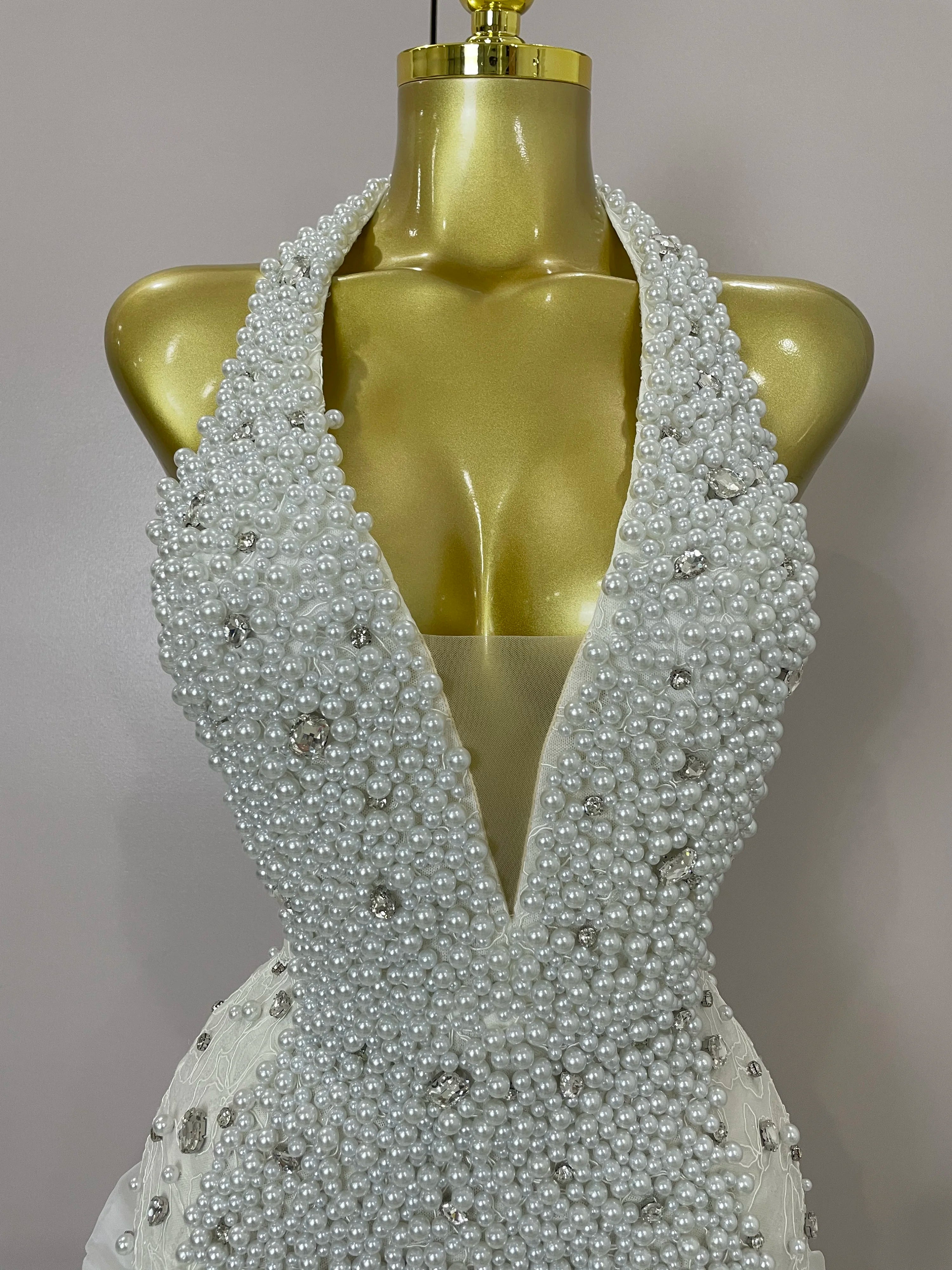 High Quality Luxury Shiny Diamonds Pearl Flowers Deep V Halter Short Dress Women Celebrate Eveing Celebrity Birthday Party Dress