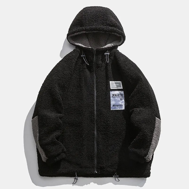Men Winter Fleece Jacket Lamb Wool Hooded Coat Mens Thick Warm Coat Loose Japanese Streetwear Casual Harajuku Zippered Jacket black