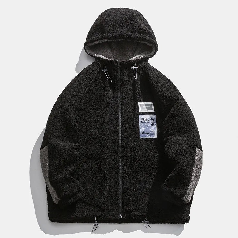 Men Winter Fleece Jacket Lamb Wool Hooded Coat Mens Thick Warm Coat Loose Japanese Streetwear Casual Harajuku Zippered Jacket black