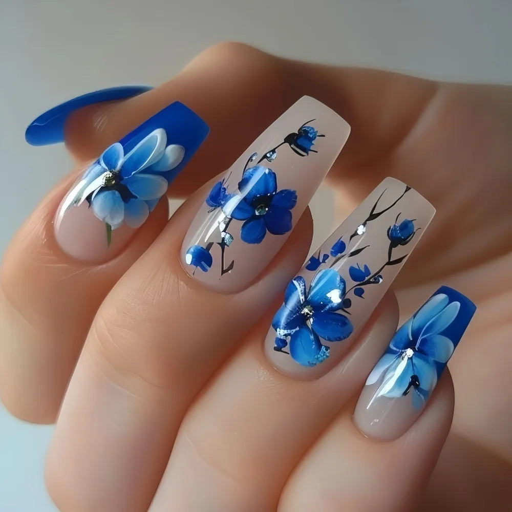 24pcs/set Medium long fake nails Gradient blue ocean fish sun flowers butterfly square ballet summer tips press on false nail