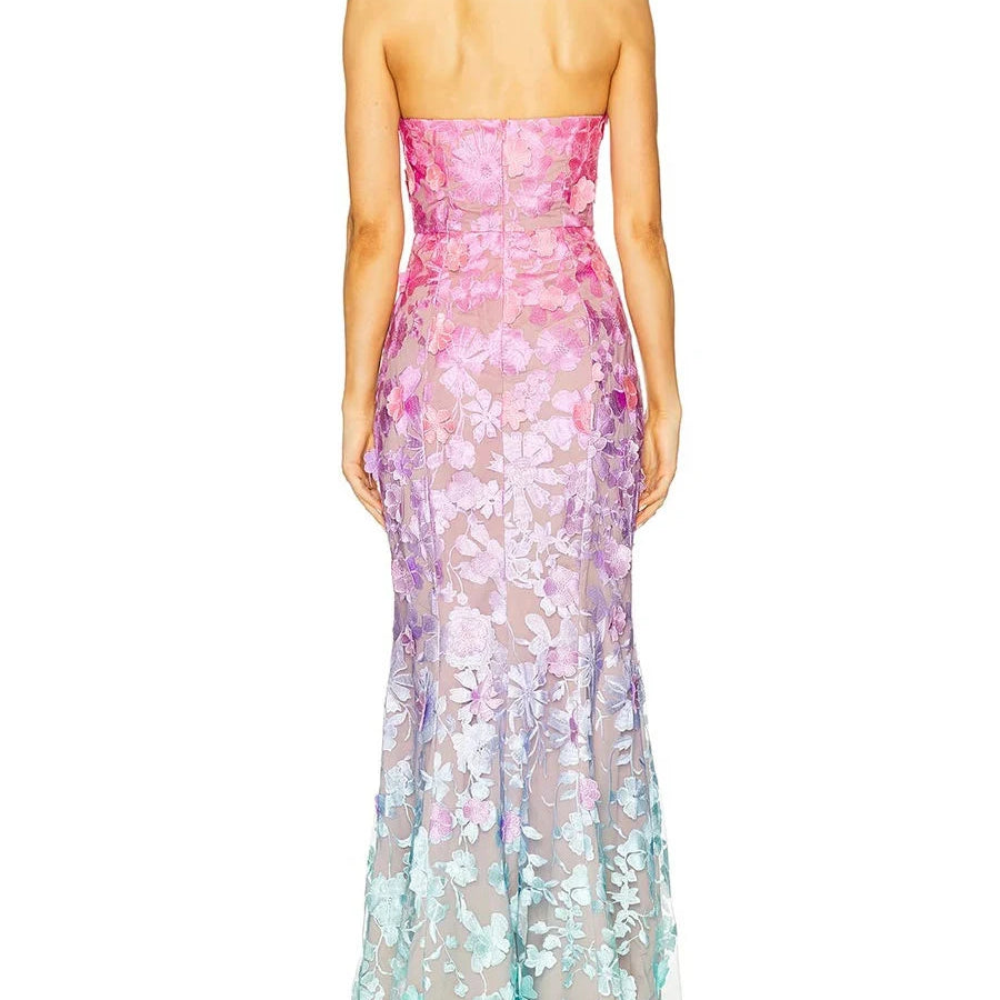 TWOTWINSTYLE Colorblock Spliced Appliques Elegant Dresses for Women Strapless Sleeveless Gradient Dress Female Fashion Clothing