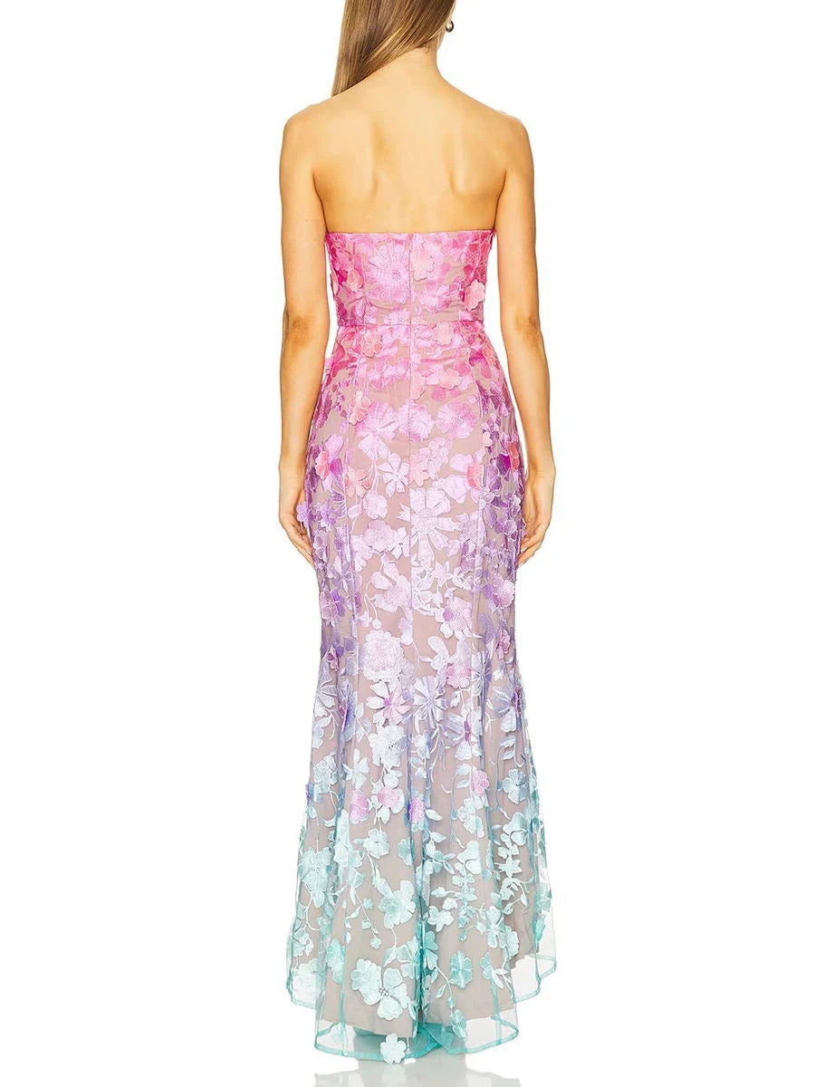 TWOTWINSTYLE Colorblock Spliced Appliques Elegant Dresses for Women Strapless Sleeveless Gradient Dress Female Fashion Clothing