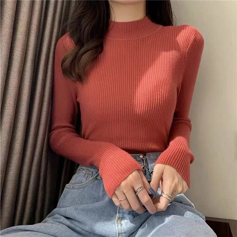 Winter Turtleneck Women's Sweater Knitted Pullover Soft Slim Long Sleeve Top Solid Color Basic High Neck Jumper Woman Clothing B-half neck-Brick One Size(40-65kg)