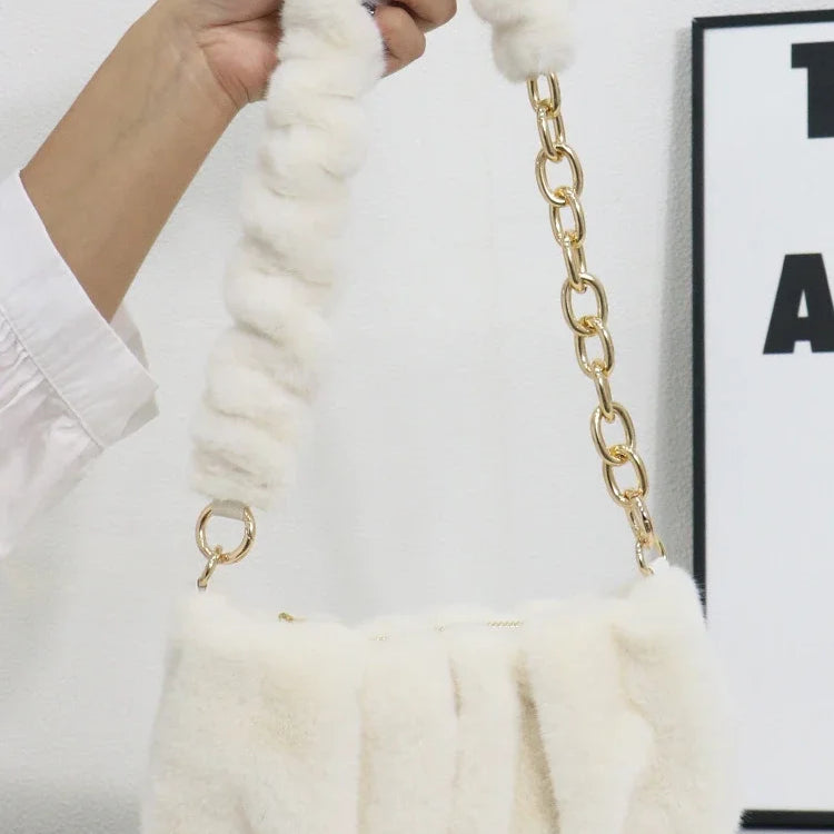 Women Faux Fur Handbags with Metal Chain Lady Ruched Shoulder Bag Armpit Casual Square Hobos Crossbody Winter Creamy-white