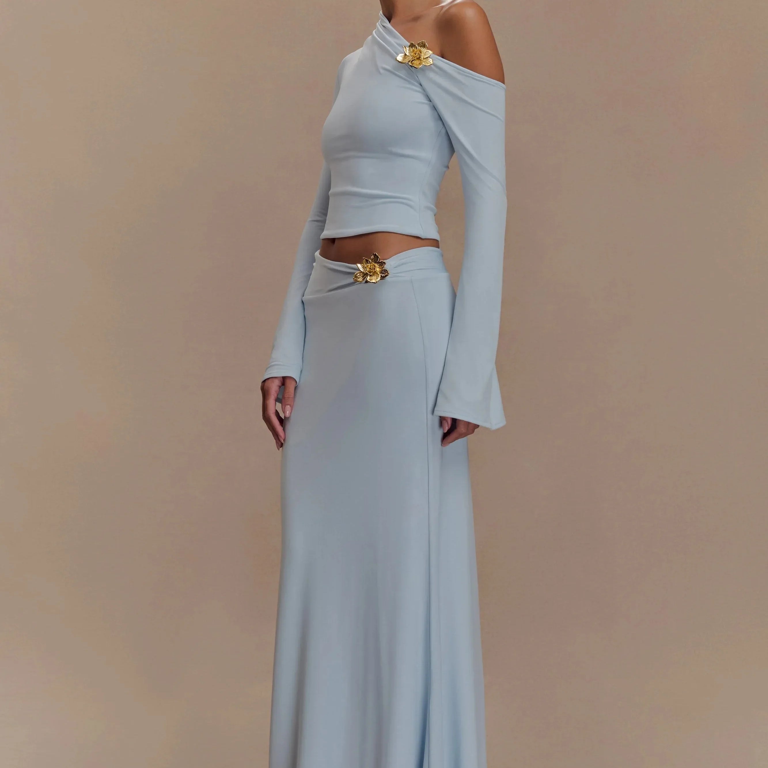 Red Skyblue Women Long Sleeve Sexy 2 Pieces Thin Bodycon Long Dress Celebrate Nightclub Party Fashion Birthday Outfit