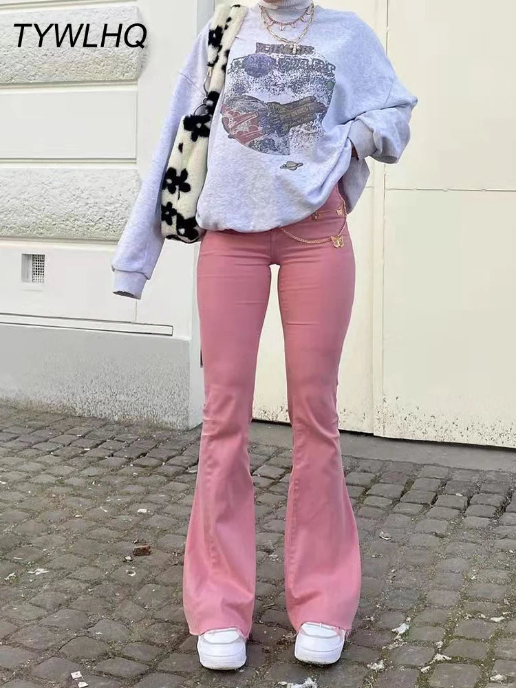 Streetwear Y2k Flared Jeans Women High Waist 90S Fashion Pink Stretch Baggy Mom Jeans Wide Leg Pants Elegant Denim Trousers 2023