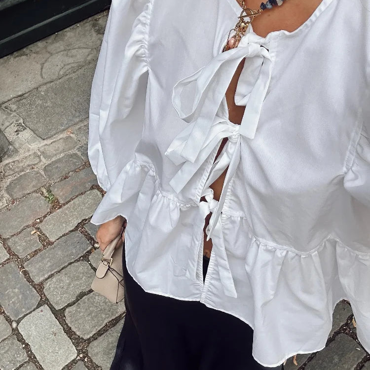 Bow Tied Lace Up Shirt Women Pleats Office Puff Sleeve Female Chic Slim Solid Tops Summer Sweet Lady V Neck Tops