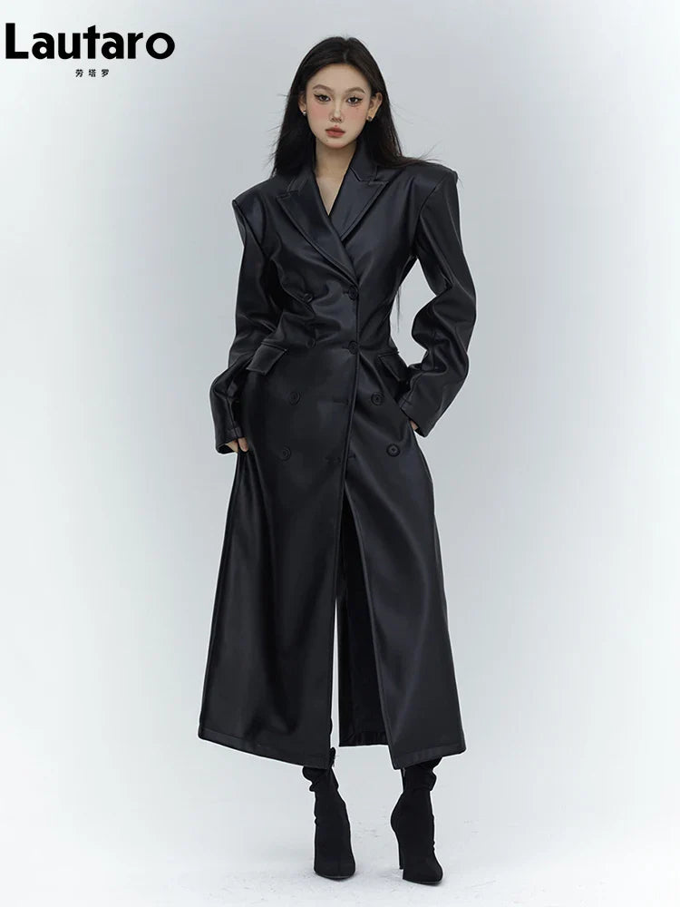 Spring Autumn Long Black Fitted Soft Pu Leather Trench Coat for Women with Shoulder Pads Luxury Designer Clothing 2023