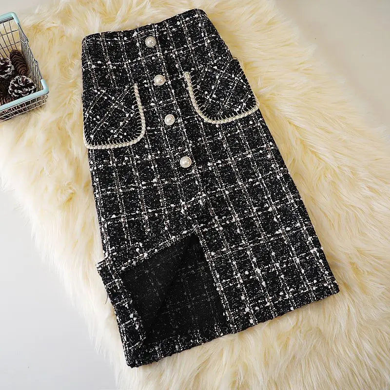 HI-FASHION Woolen Plaid Skirt Female Autumn New High Waist Pocket Split Mid-length Skirts Korean Winter One-step Plus Size Skirt Grey
