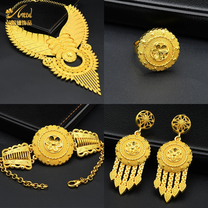 Indian Big Plated Gold Jewelry Women Necklace Sets Dubai African Party Bridal Wedding Gifts Arabic Necklace Jewelry Sets