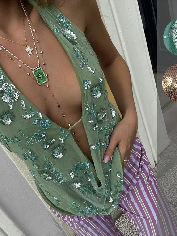 Sexy Shiny Glitter Halter Women's Vestido New Summer Sleeveless Open Back Mini Dresses Fashion Women Evening Party Clubwear 2025