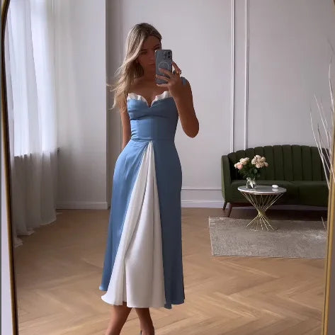 Women Maxi Dress Summer Fashion Casual V Neck Sling Nipped Waist Slits Loose Elegant Beach Sexy High Street Wear Blue