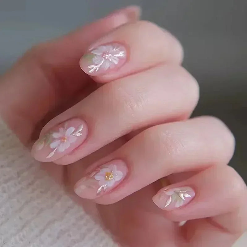 24pcs Short Almond Press on Nails 3D Flower Butterfly Fake Nails with Glue Colorful Natural Acrylic False Nails Full Cover Nails