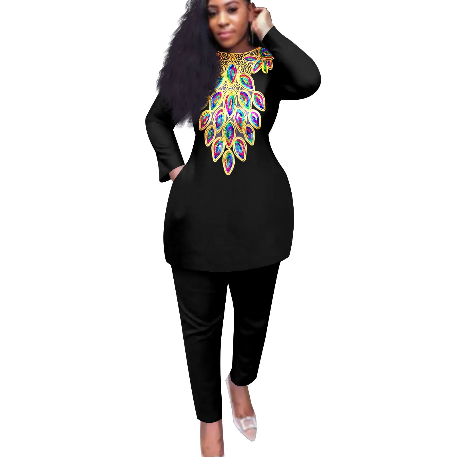 African American Women's Printed Fabric Top with Pants, Dazzling Stamping Set, Long Sleeve, Plus Size, Fashion, A2226026