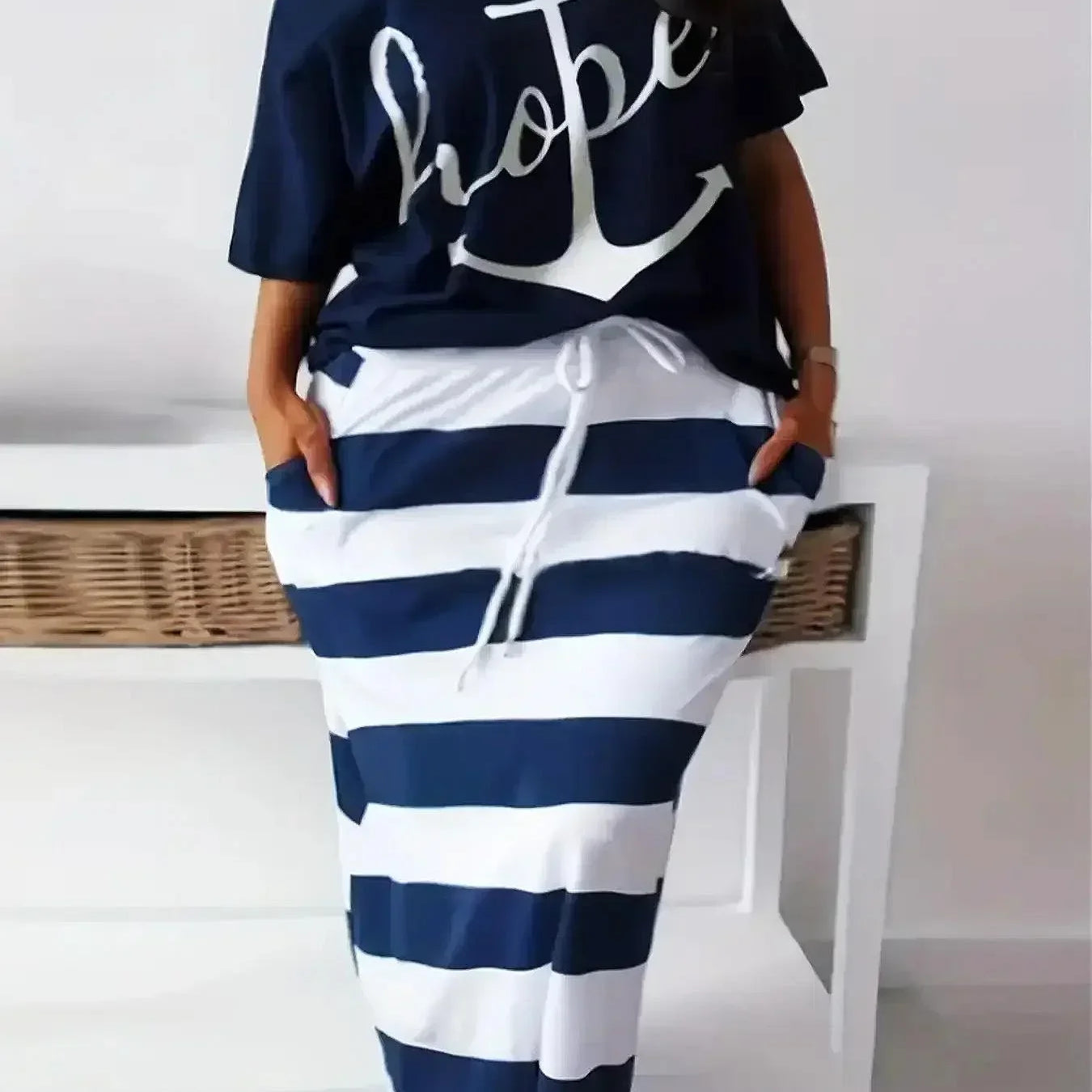 Plus Size 1XL-5XL Women's Fashion Short Sleeve Striped Pants Set Casual Loose Round Neck Letter Printed Short Sleeve Pants Set