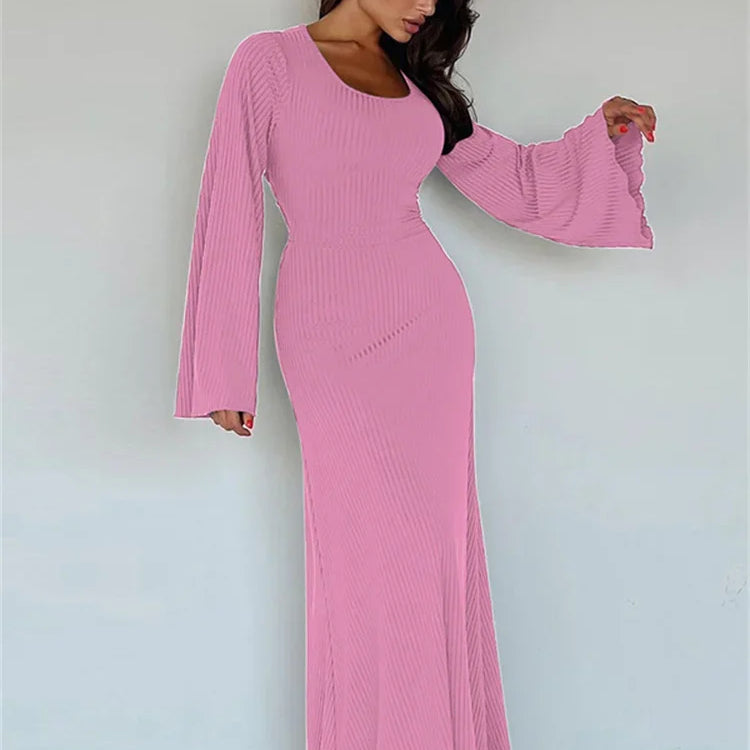 Tossy Scoop Neck Lace-Up Ribbed Maxi Dress Female Long Sleeve Fashion Slim Loose Bandage Dress Autumn 2024 Solid Women Dress New