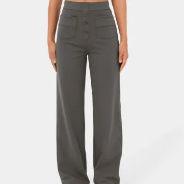 Women's High-waisted Elastic Casual Trousers Fashionable Casual Straight-leg Pants Buttoned Elegant Casual Pants Dark Grey