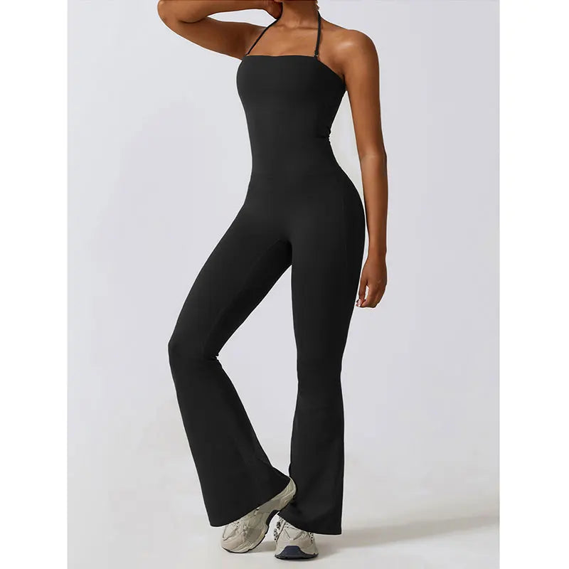 New Sports Jumpsuit for Women Fitness Flare Pants One Piece Yoga Suit Dance Gym Outfits Bodysuit Sportswear Workout Set Premium Black CHINA