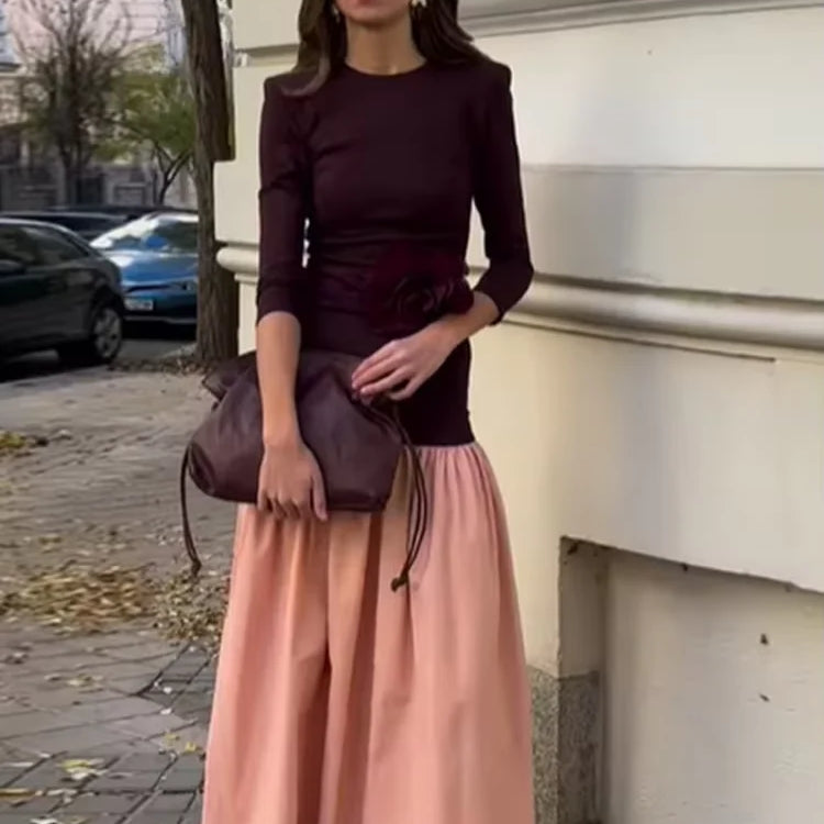 Vintage Women Ruffle Edge Splicing Full Sleeve Dress Fashion Round Neck A-line Maxi Dresses 2025 Lady Spring Highstreet Robe