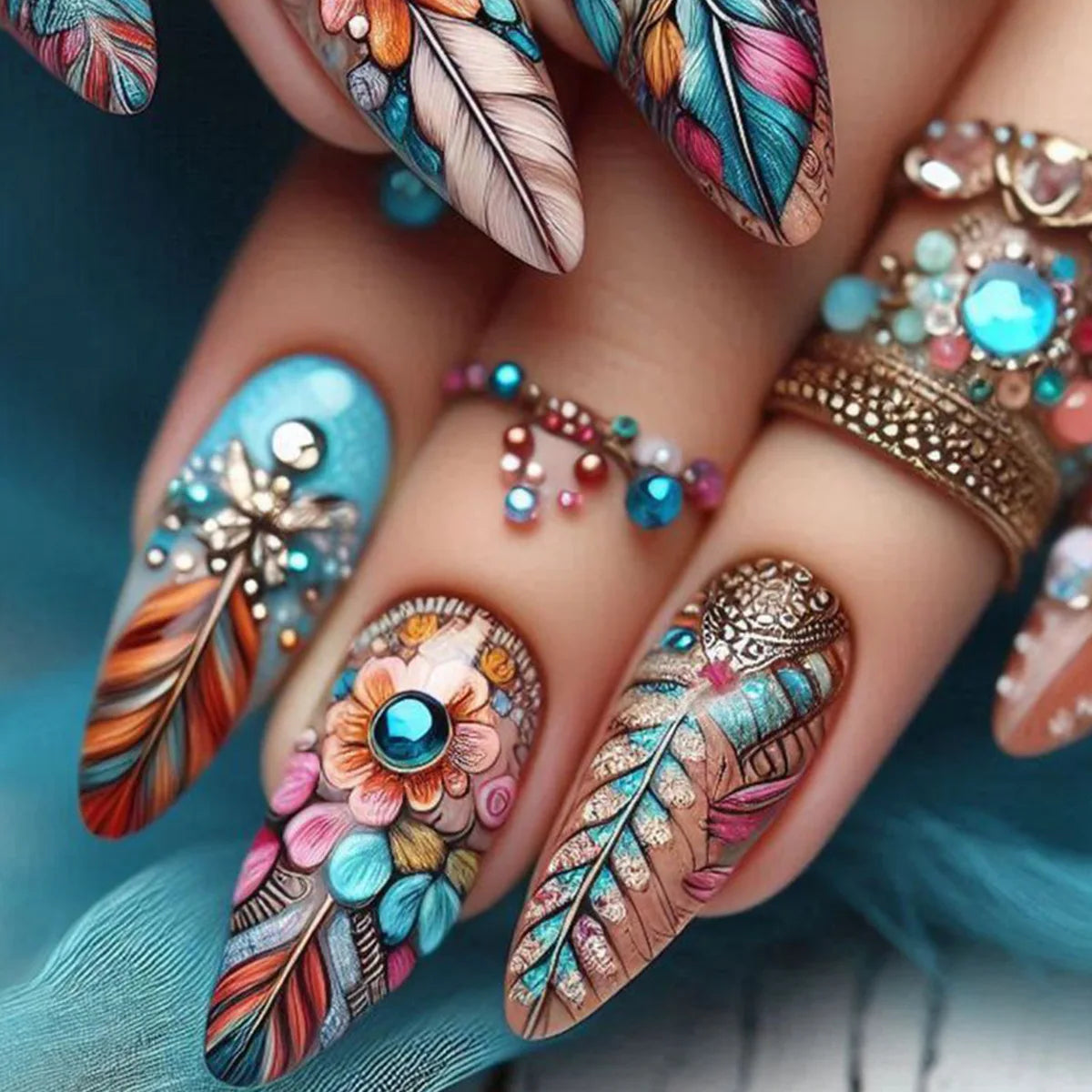 Colorful Feathers Press on Nails Diamond Fake Nails Set Floral Pattern Wearable Acrylic Nails Almond Press on Nail Tips