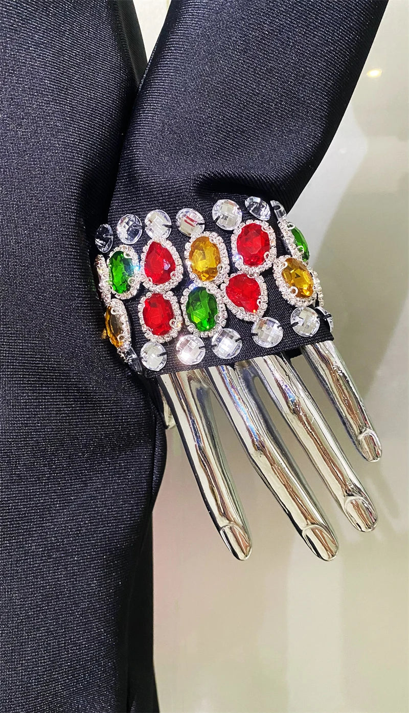 Luxury Colorful Diamonds Sexy Square Collar Black Bandage Dress  Fashion Woman Evening dress Celebrity Cocktail Party Outfit