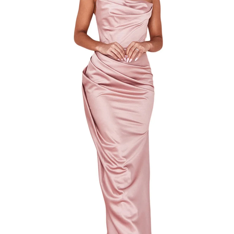 Elegant Women's Summer Sexy Sleeveless Satin Long Dresses High Waist Bodycon Backless Evening Casual Long Formal Party Dress