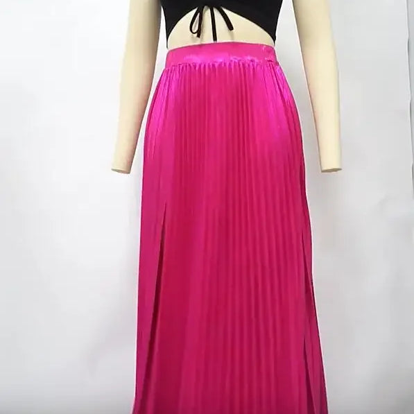 Women Spring Autumn Elegant Chic Solid Color Pleated Skirt High Waist Long Slit Dress Luxury Fashion With Elastic Female