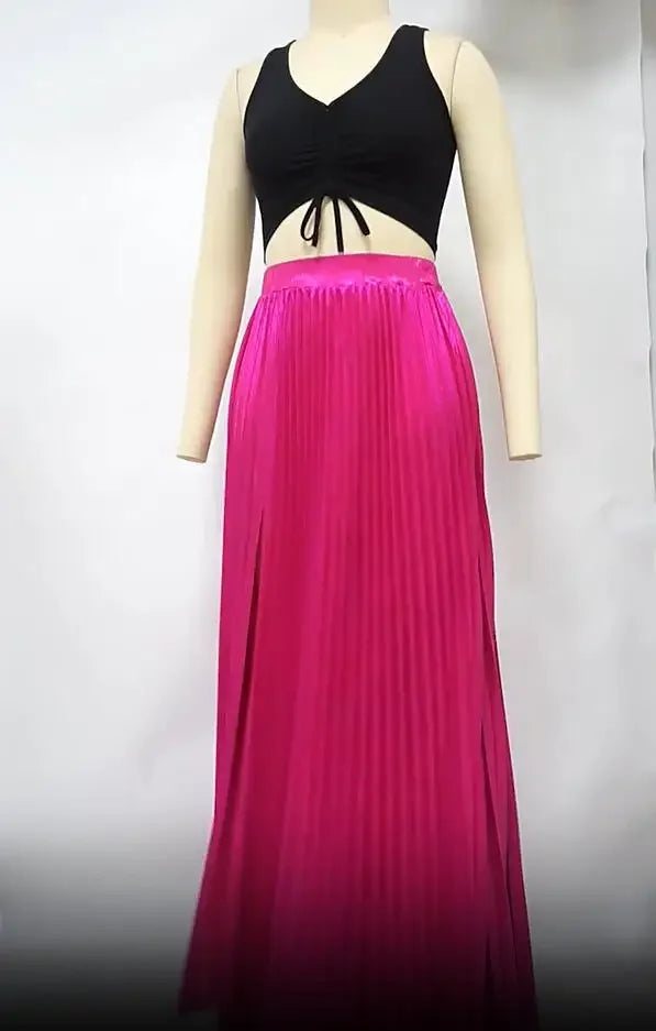 Women Spring Autumn Elegant Chic Solid Color Pleated Skirt High Waist Long Slit Dress Luxury Fashion With Elastic Female