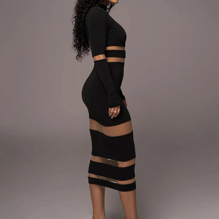 Patchwork Bodycon Sexy Midi Dress For Women Autumn Winter New Turtleneck Long Sleeve Club Party Sexy Dress Elegant