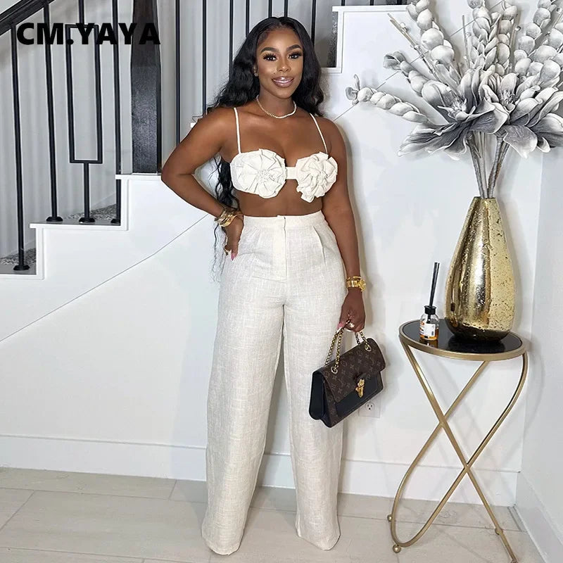 CM.YAYA Streetwear Women's Set Sleeveless 3D Flower Crop Bra Top+Wide Leg Pants Elegant beach holiday Two 2 Piece Set Outfits