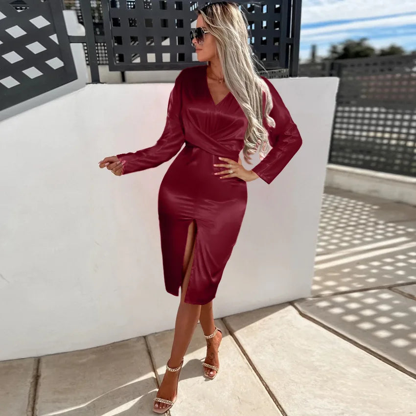 Bodycon Sexy Party Silk Robe Satin Dress Black Women Short Sleeve One Shoulder High Split Ruched Evening Dresses 2024 Summer Burgundy-1
