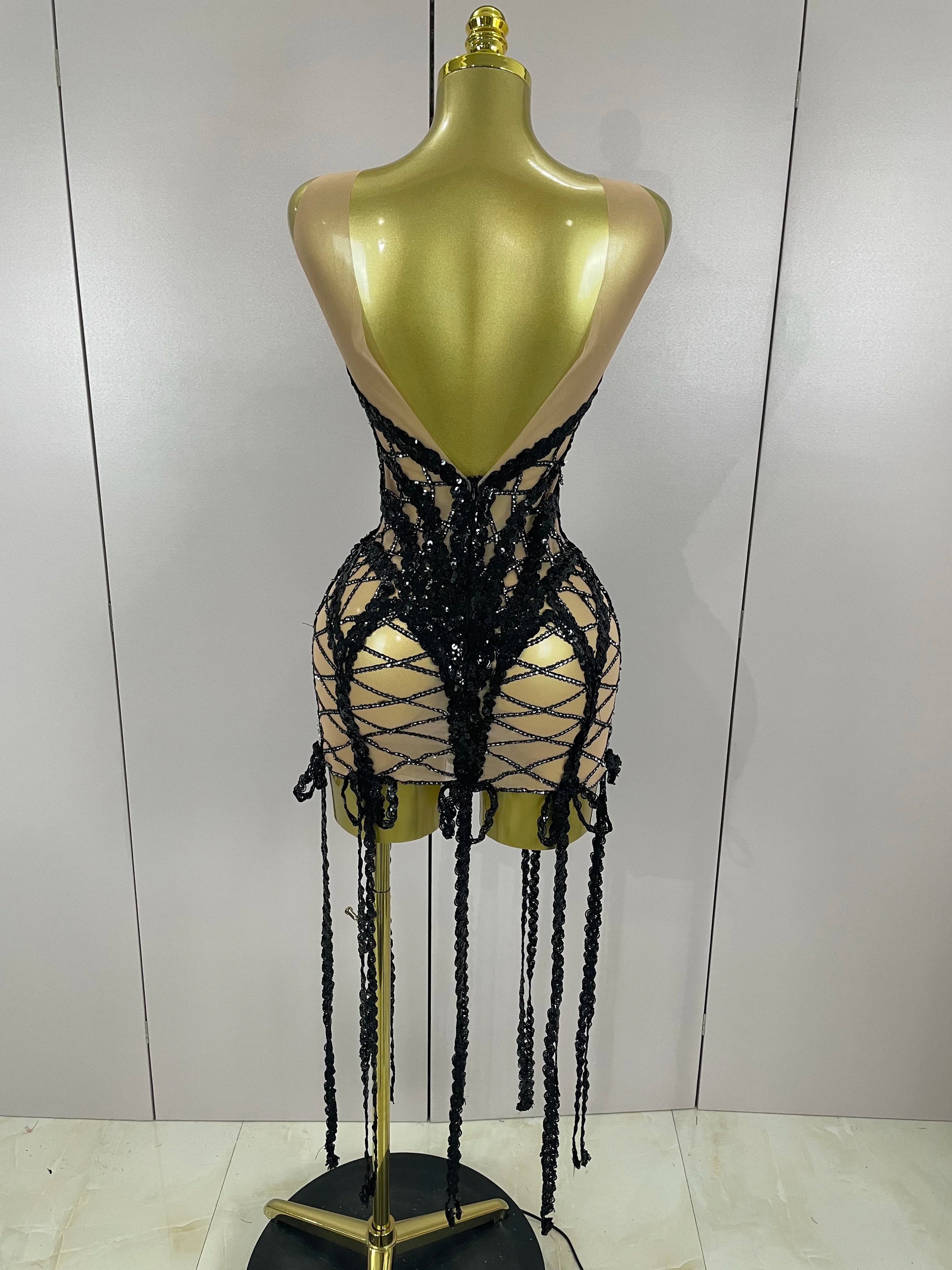 2025 Sparkle Sequins Embroider Diamonds Sleeveless Long Tassel Mini Dress Women Celebrate Evening Birthday Dress Stage Costume