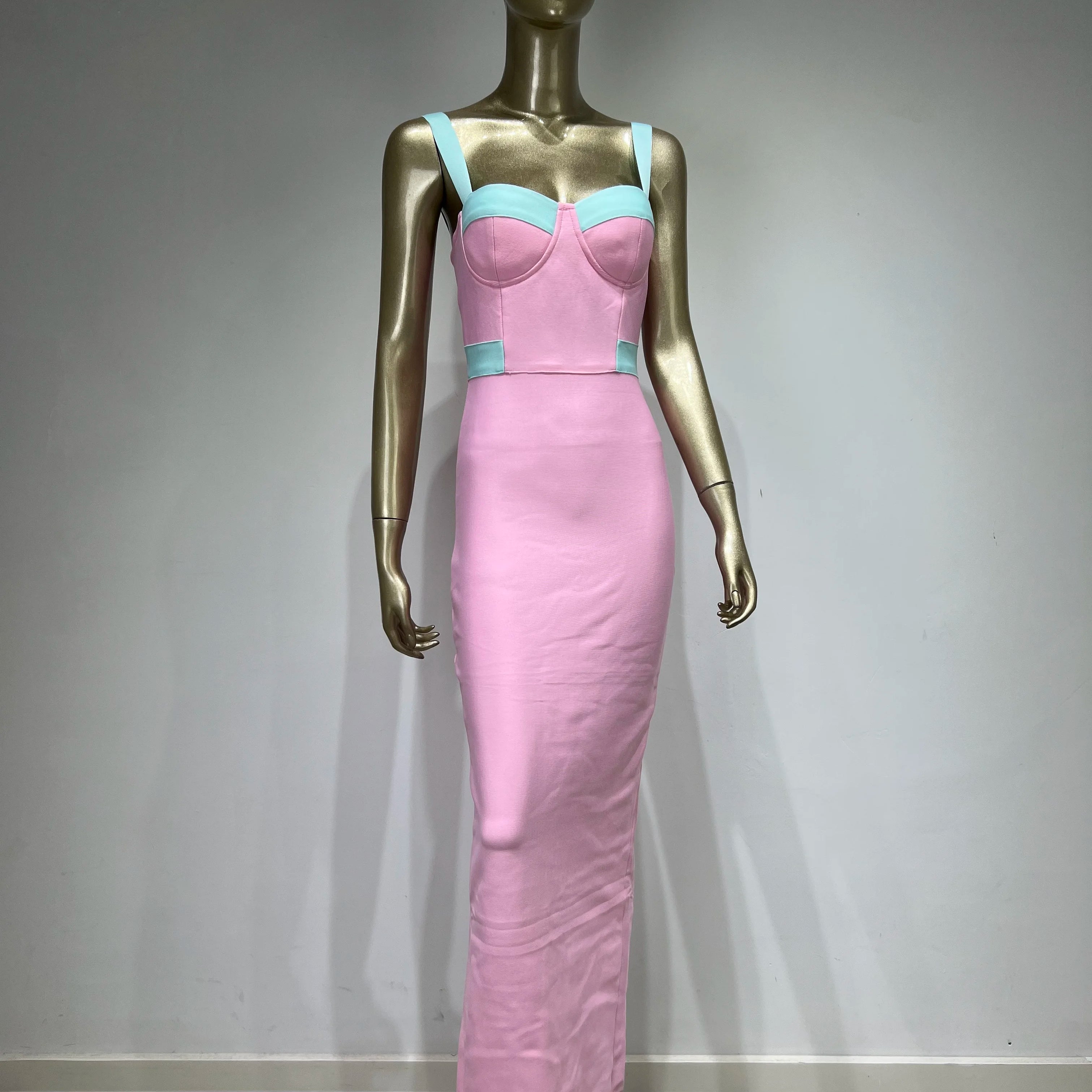 Women Summer Fashion Sexy V Neck Pacthwork Pink Maxi Long Bandage Dress 2023 Celebrity Elegant Evening Club Party Dress