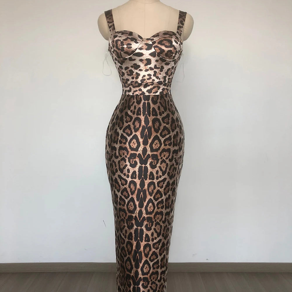 VC Vintage-Glam Leopard Slip Sleeveless Tight Midi Dress Party Spotlight Evening Gown