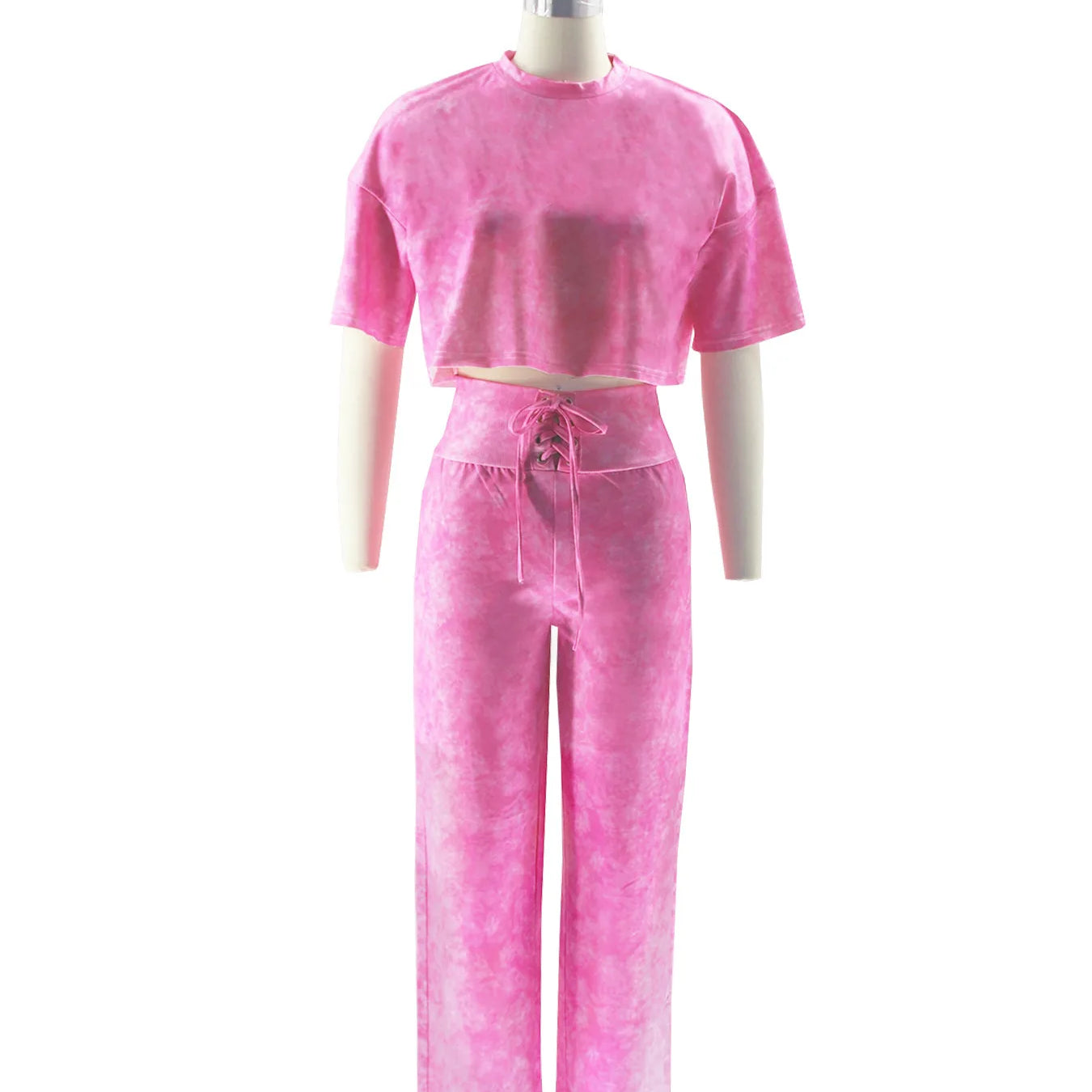 CM.YAYA Women's Set Tie Dye Print O-neck Short  Sleeve Crop Top +Pants Suits Street Sweatsuit Two 2 Piece Set Outfit Tracksuit