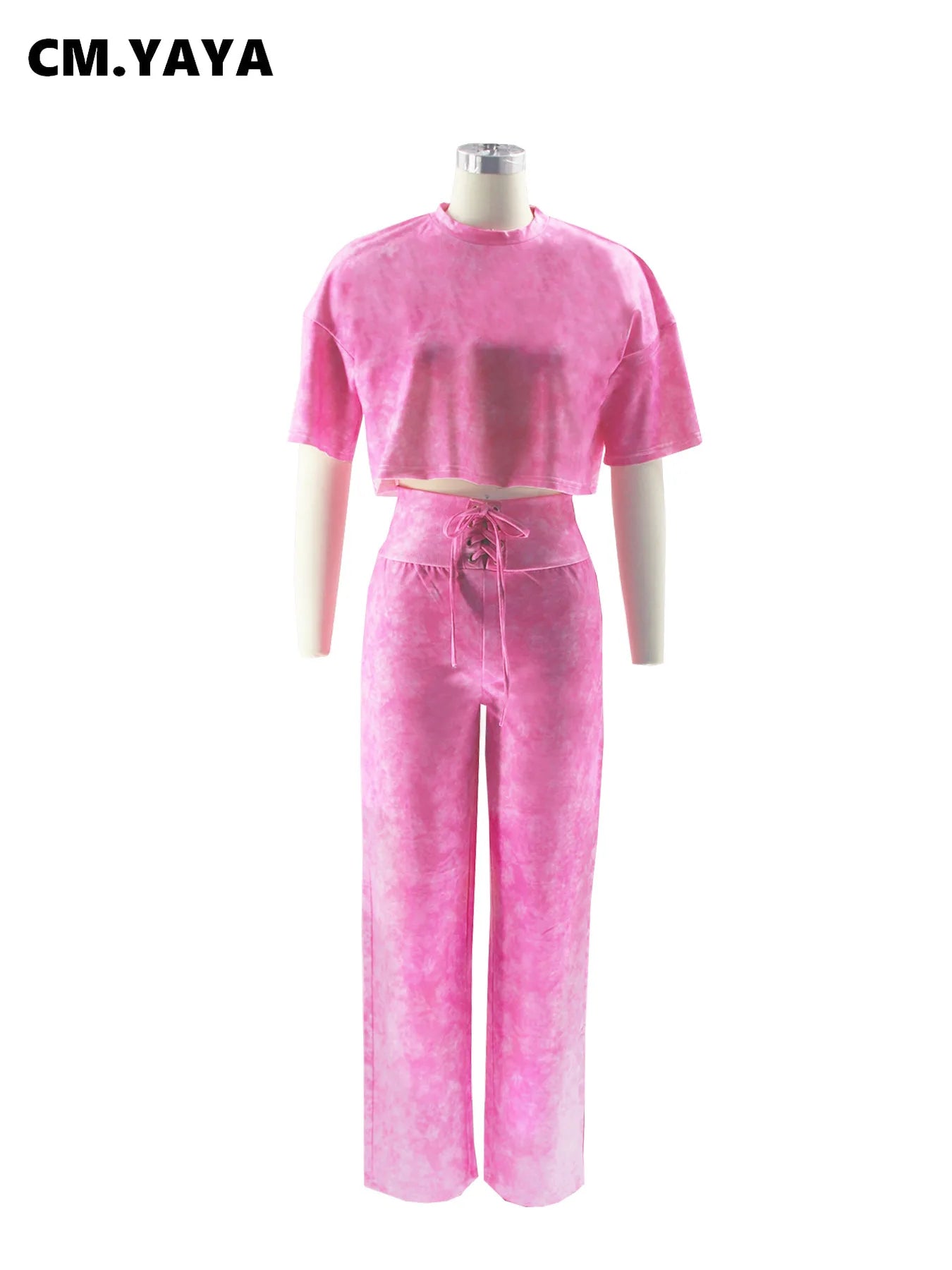 CM.YAYA Women's Set Tie Dye Print O-neck Short  Sleeve Crop Top +Pants Suits Street Sweatsuit Two 2 Piece Set Outfit Tracksuit