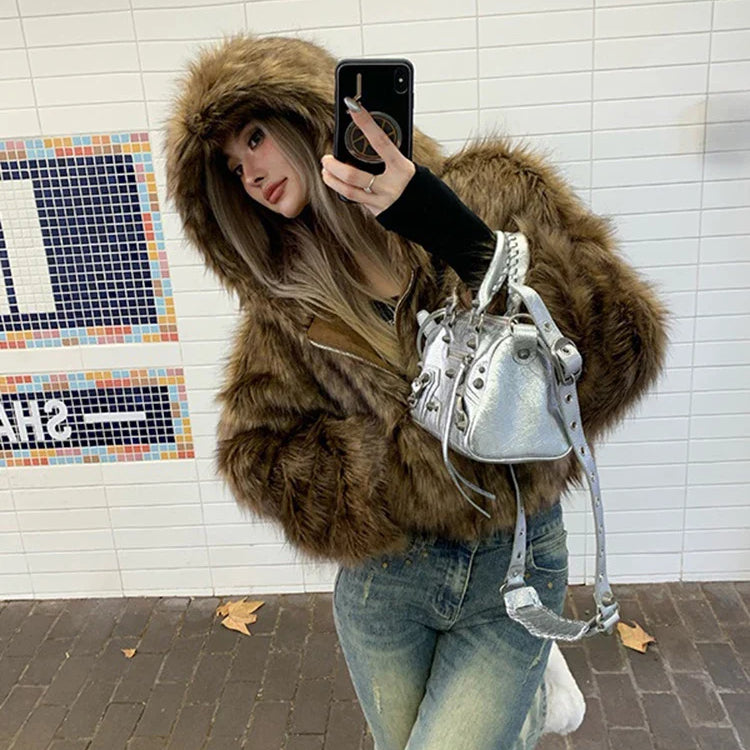 Autumn Winter Chic Luxury Short Soft Thick Warm Hairy Shaggy Faux Fur Coat Women with Hood Zipper Fluffy Jacket 2024