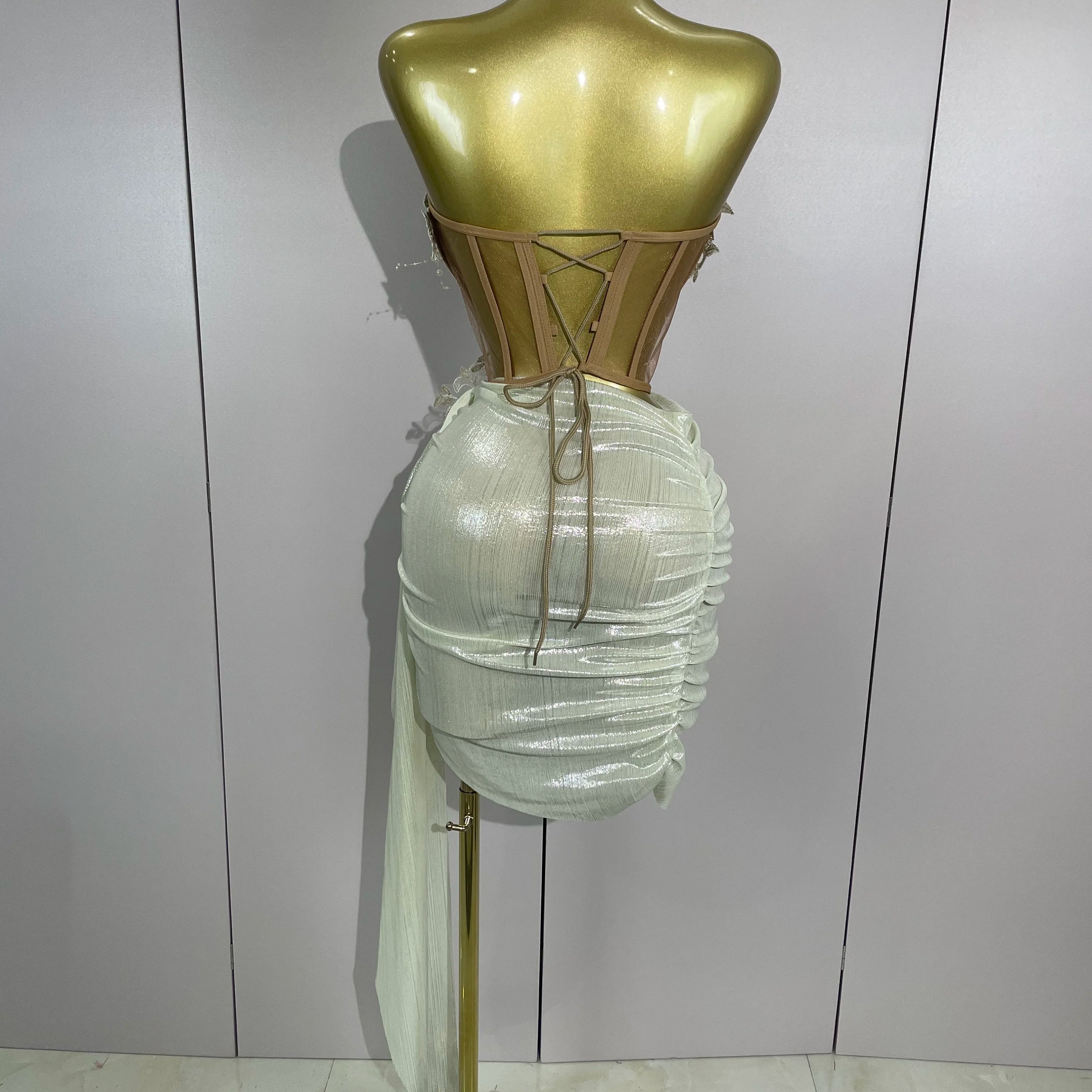 STOCK Luxury Shining Pearls Sexy Asymmetrical Skirt 2 PCS Set 2025 Women Evening Birthday Party Stage Dancer Performance Costume