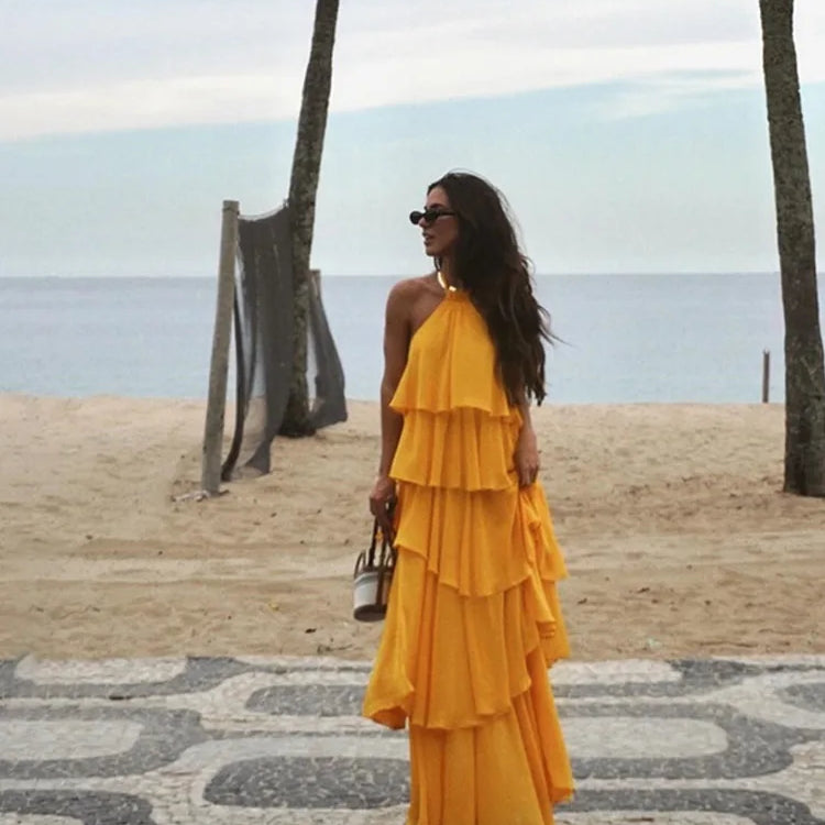 Fashion Ruffles Hem Long Dress For Women Elegant Halter Backless Sleeveless Vestidos Female New Vacation Beach Party Robes