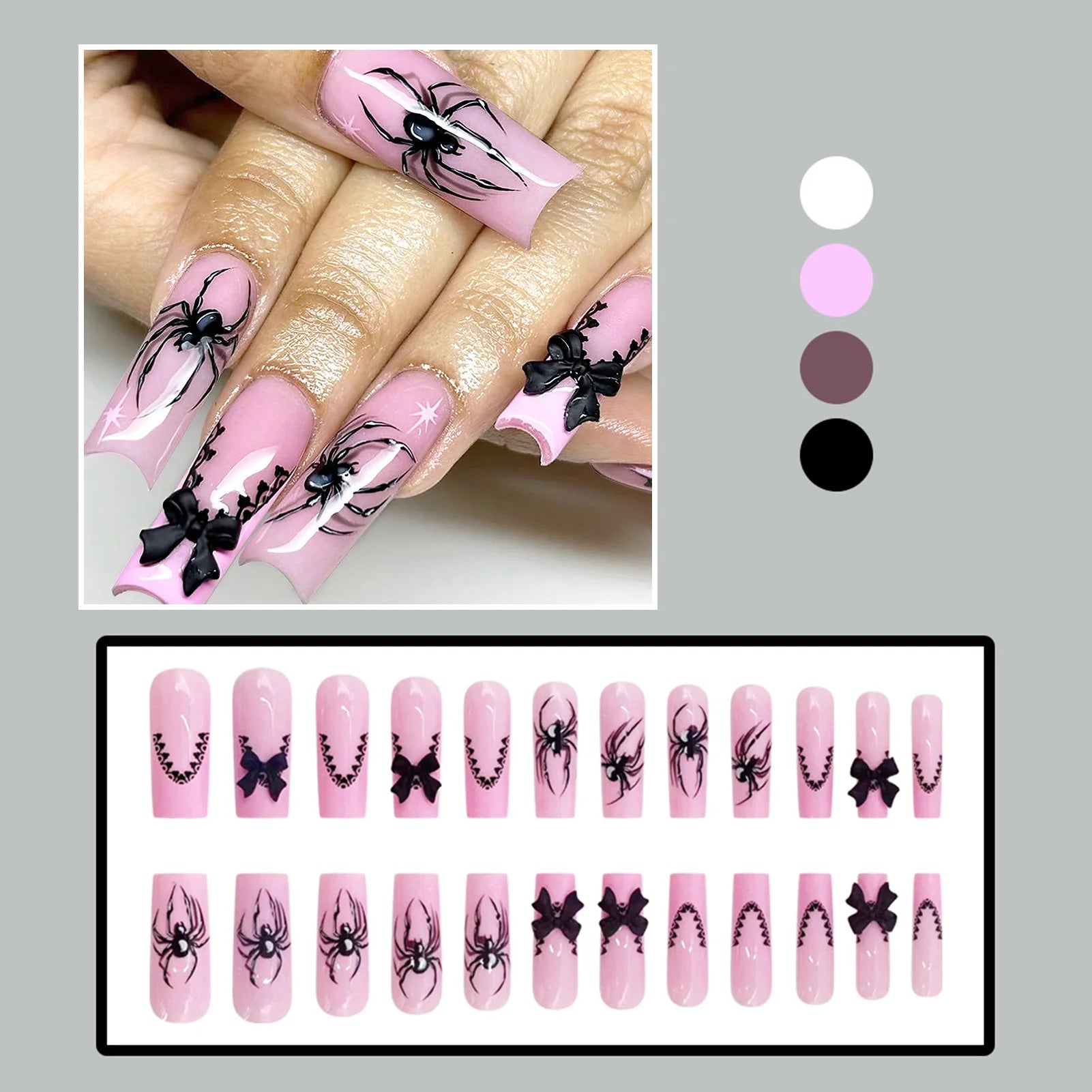 24pcs Halloween Gothic Fake Nail with Black Spider Bow Design False Nails European Long Coffin French Press on Nails Wearable