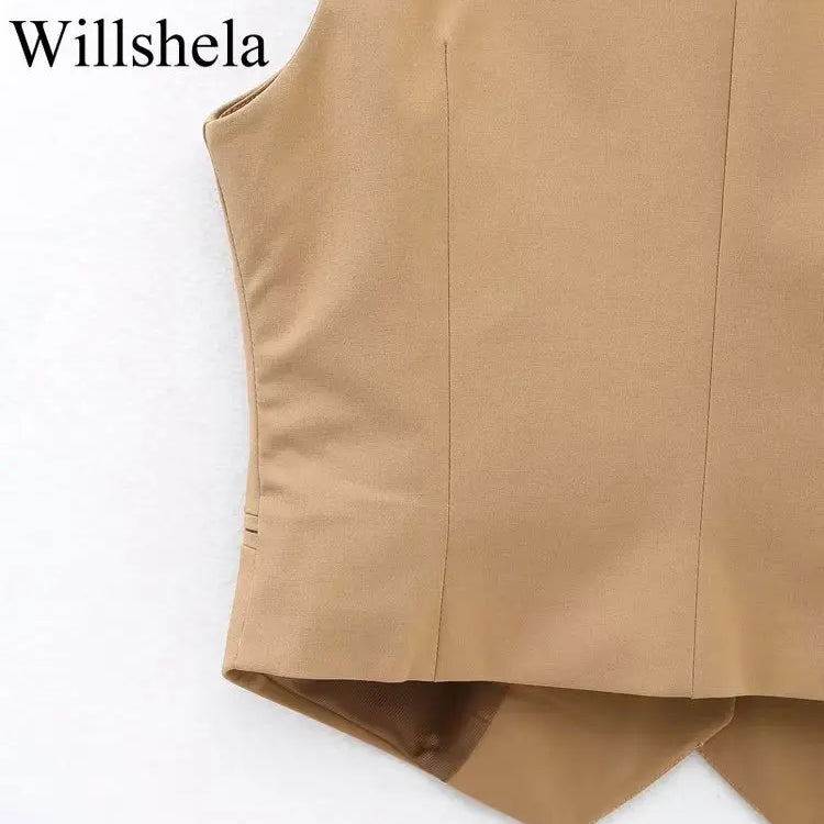 Willshela Women Fashion Khaki Cropped Vest V-Neck Single Breasted Sleeveless Female Chic Lady Outfit Short Top Tank