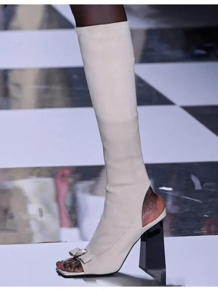 Women's Spring/Summer New Knee Long Women's Boots Fish Mouth Side Zipper Elastic Mid Sleeve Boots 44 Large Women's Boots apricot