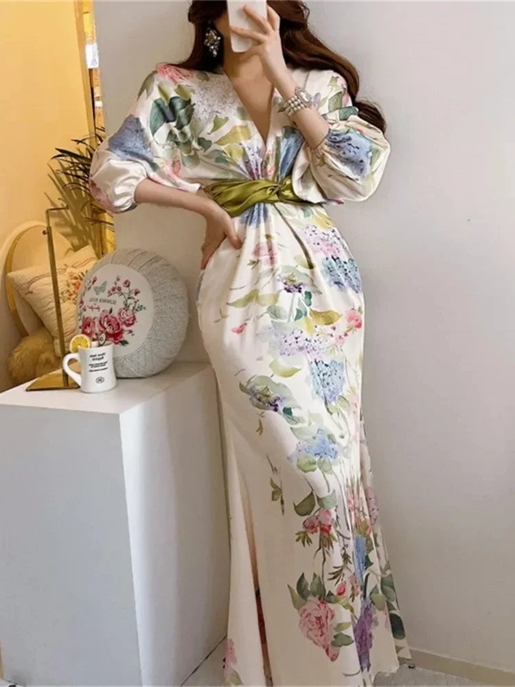 Women Elegant Floral Midi Dress Spring Vintage Japan Style Chic Bodycon Birthday Party Vestidos Female Fashion One Pieces Robe
