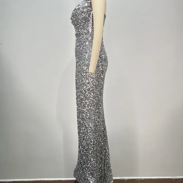 Women Sexy Strapless Backless Mesh Sequins Maxi Long Silver Bodycon Dress 2024 Elegant Party Evening Stage Performance Vestido
