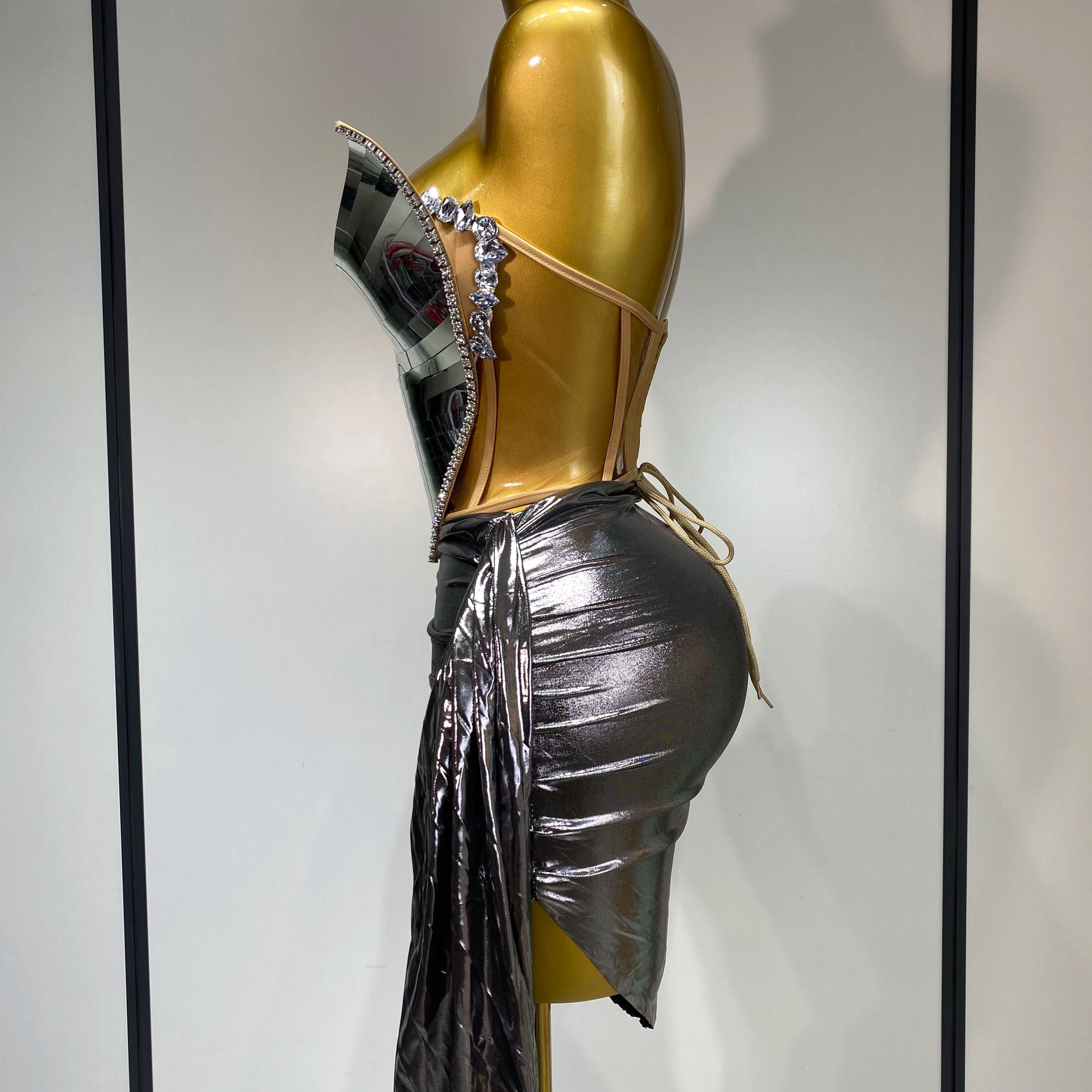 Sparkly Sliver Sequin Sexy Top Two Pieces Set Women Celebrate Party Luxury Birthday NightClub Performance Dancer Stage Outfit