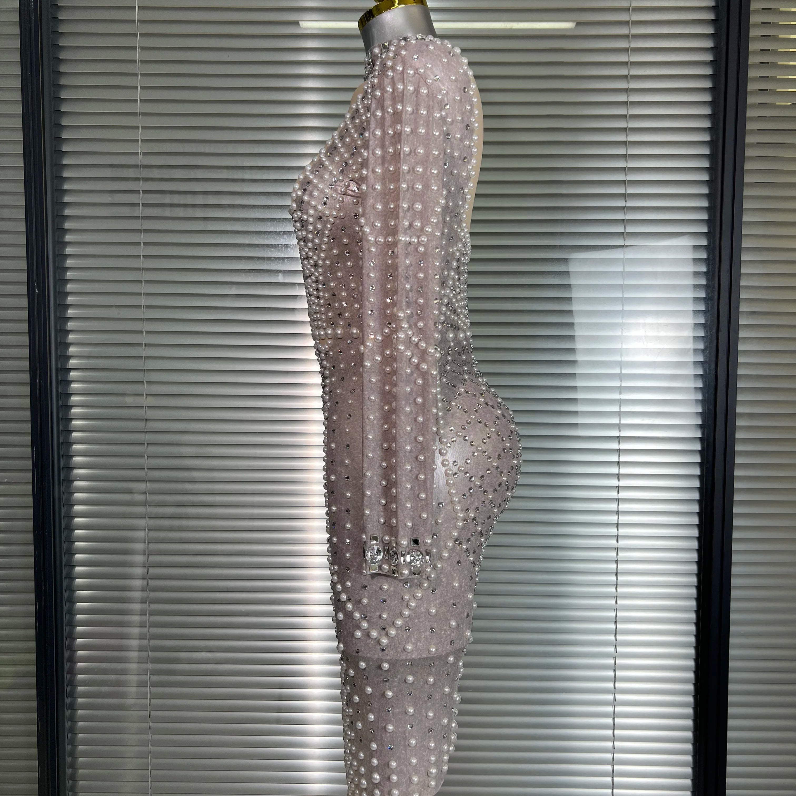 New Women Sexy Long Sleeve Stretched Mesh Sequins Party Dress See Through Party Singer Party Costume Stage Performance Dress