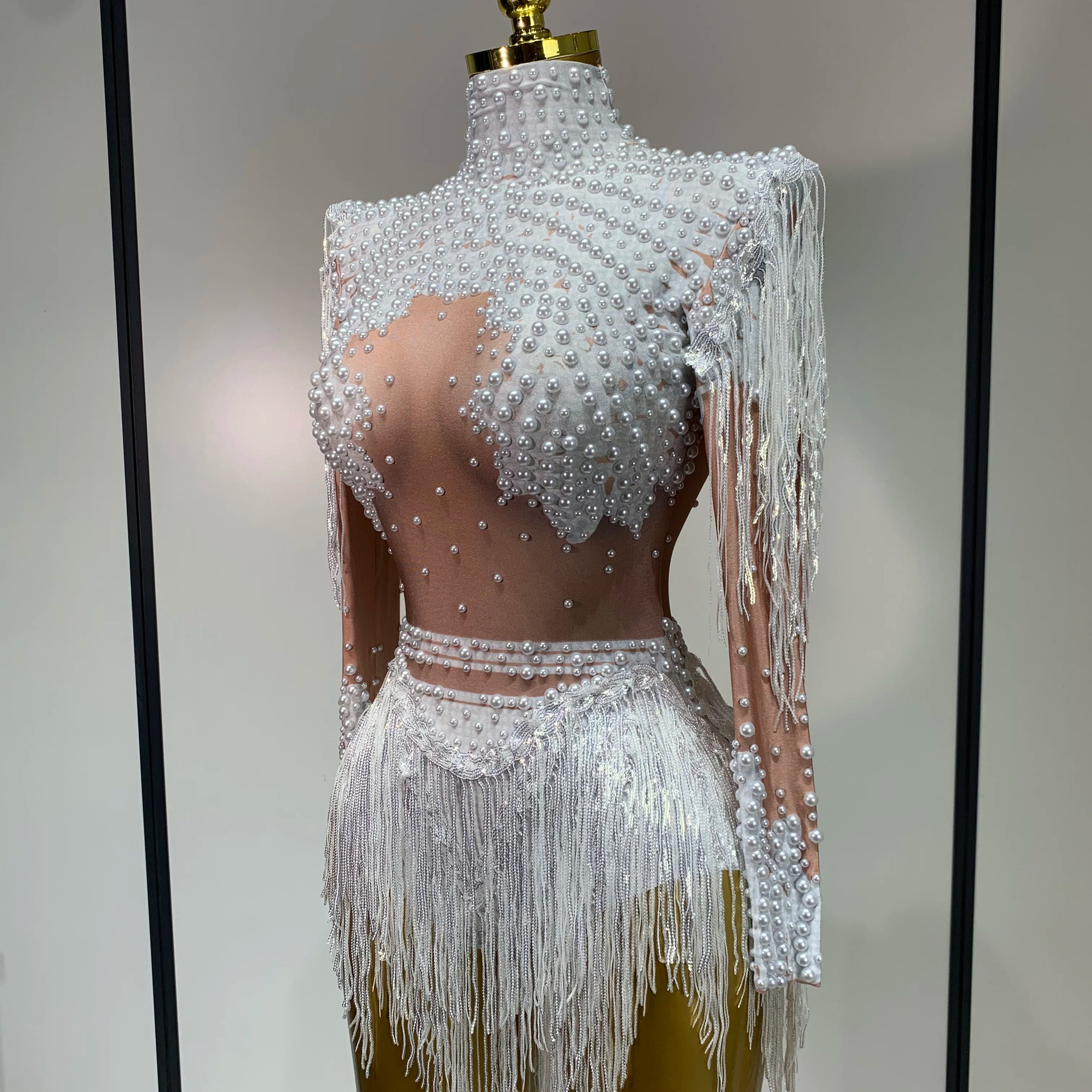 Macacão feminino sexy de manga comprida, elástico, com borlas brilhantes, strass, para comemoração de aniversário, clube, festa à noite, traje de palco