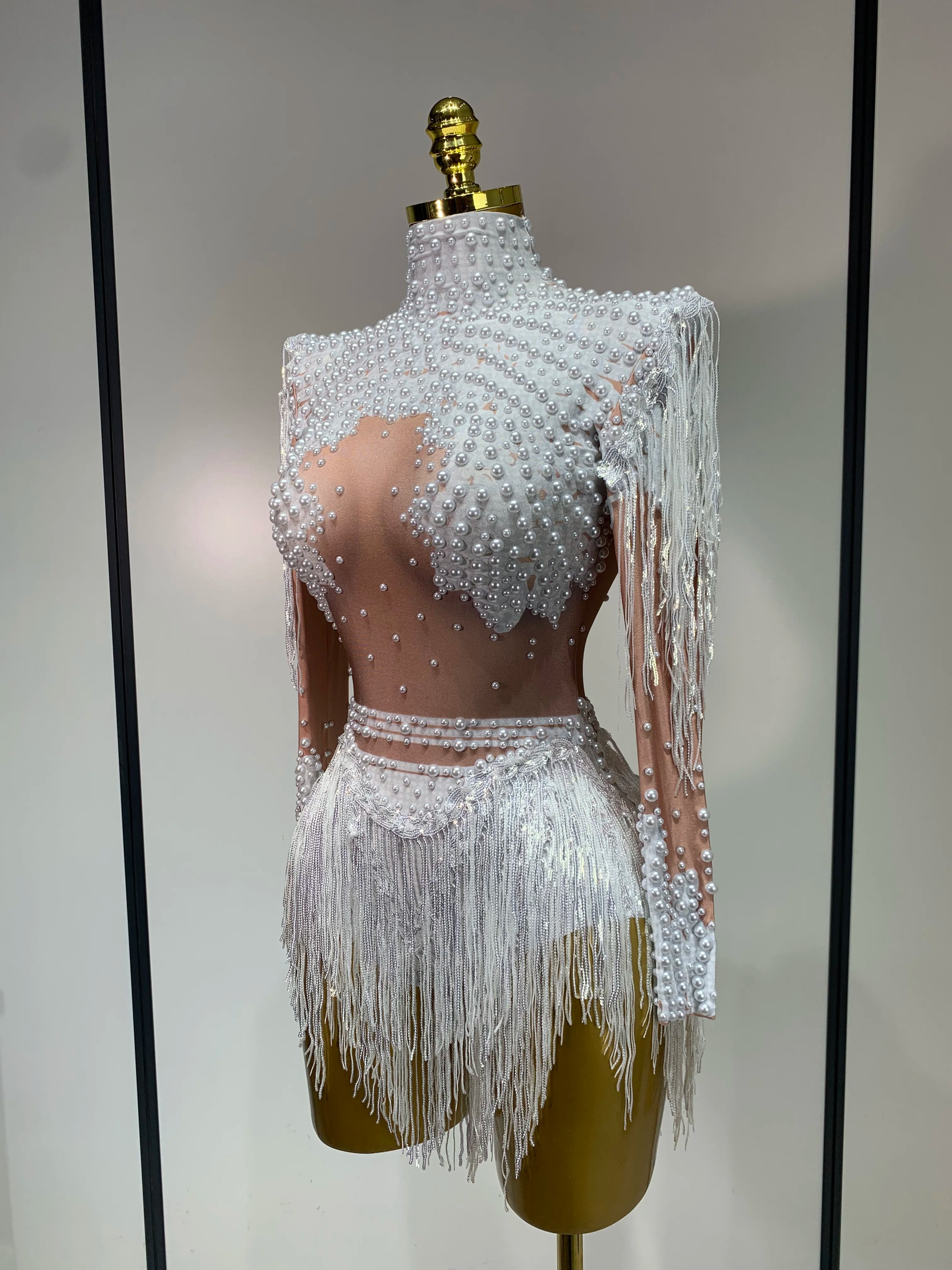 Macacão feminino sexy de manga comprida, elástico, com borlas brilhantes, strass, para comemoração de aniversário, clube, festa à noite, traje de palco