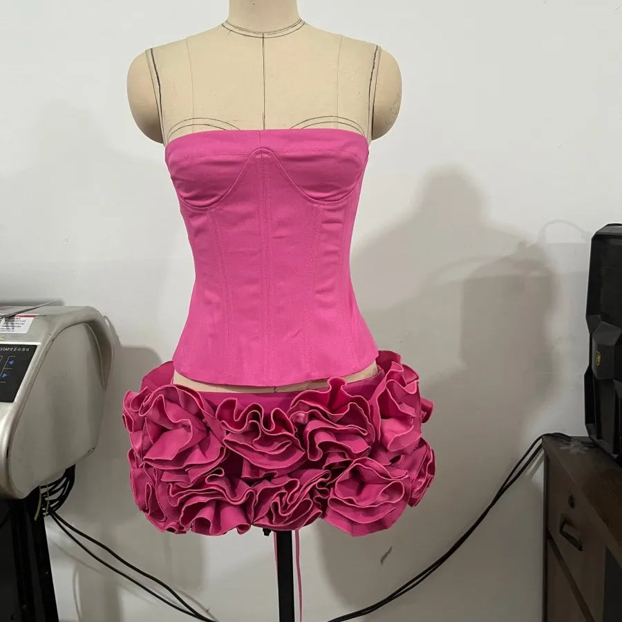 Red Pink Color Women Sexy Strapless Laced-up Bodycon Tops Florals Mini 2 Pieces Dress Celebrate Christmas Evening Party Dress